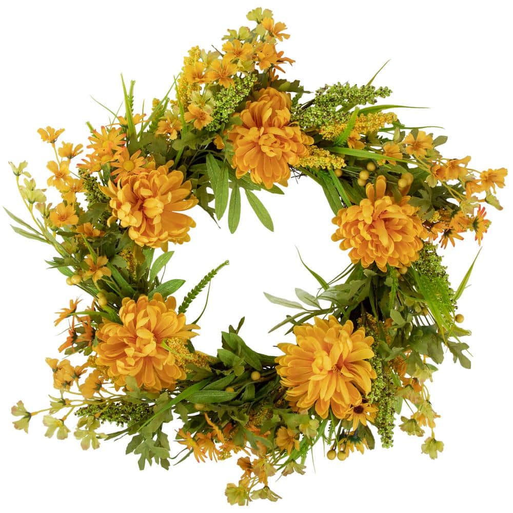 24 in. Yellow Peony Artificial Fall Harvest Twig Wreath Unlit - Hercitys