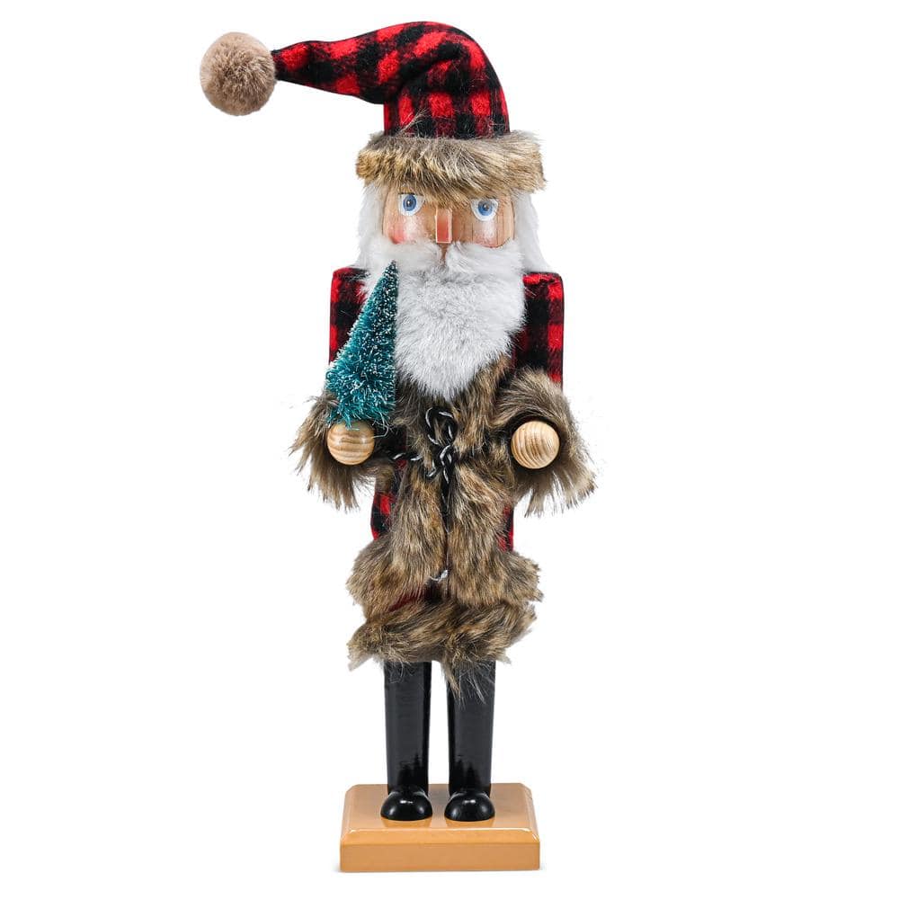 15 in. Wooden Nostalgic Santa Nutcracker-Red and Black Nutcracker with Plaid Coat and Brown Fur Holding a Xmas Tree - Hercitys