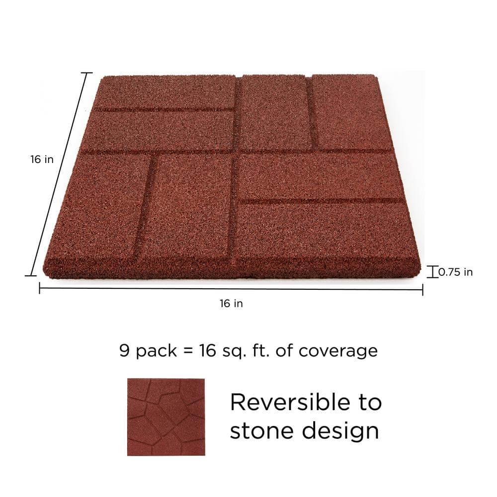 16 in. x 16 in. x 3/4 in. Red Dual-Sided Rubber Paver (9-Pack) - Hercitys