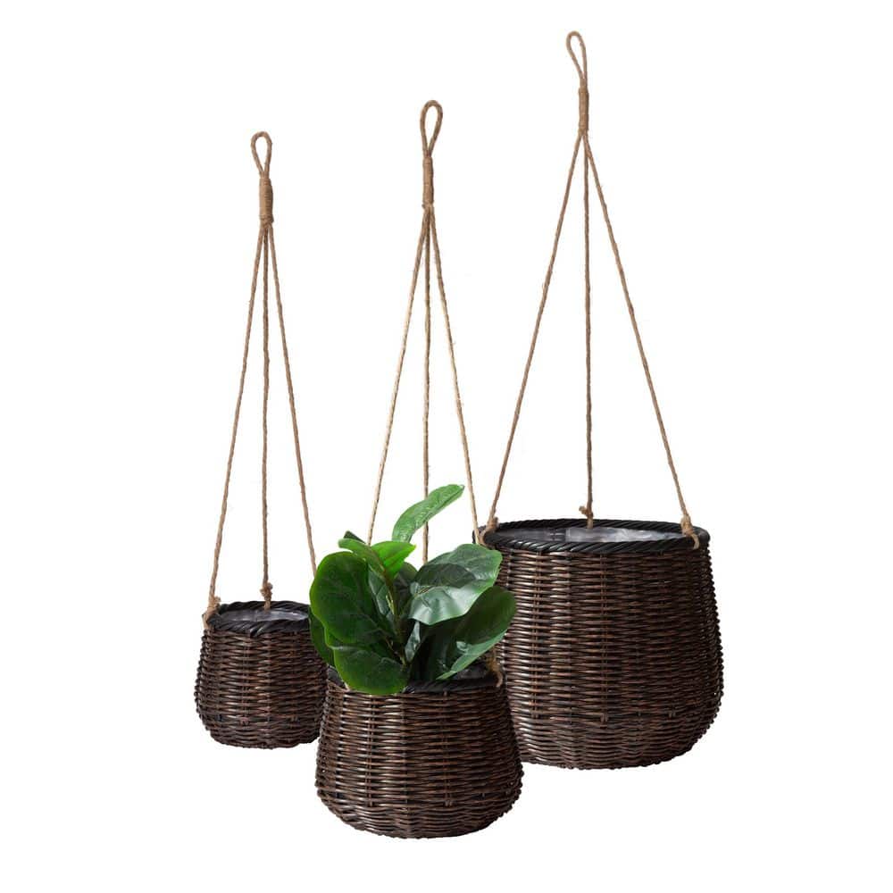 13 in. W, 10 in. W and 8 in. W Indoor Outdoor Brown Resin Rattan Hanging Basket Planters with Black Accents, (Set of 3) - Hercitys