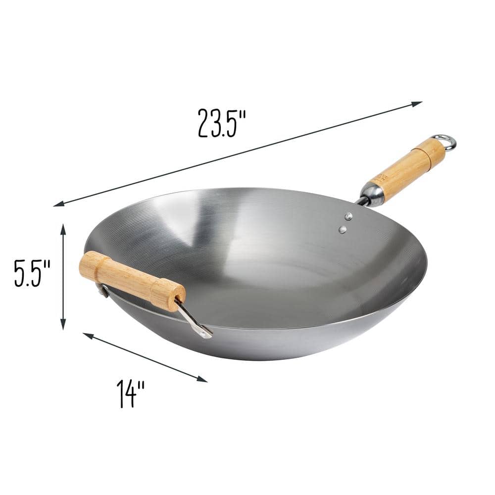 14 in. Silver Carbon Steel Non-Stick Round Bottom Wok - Hercitys