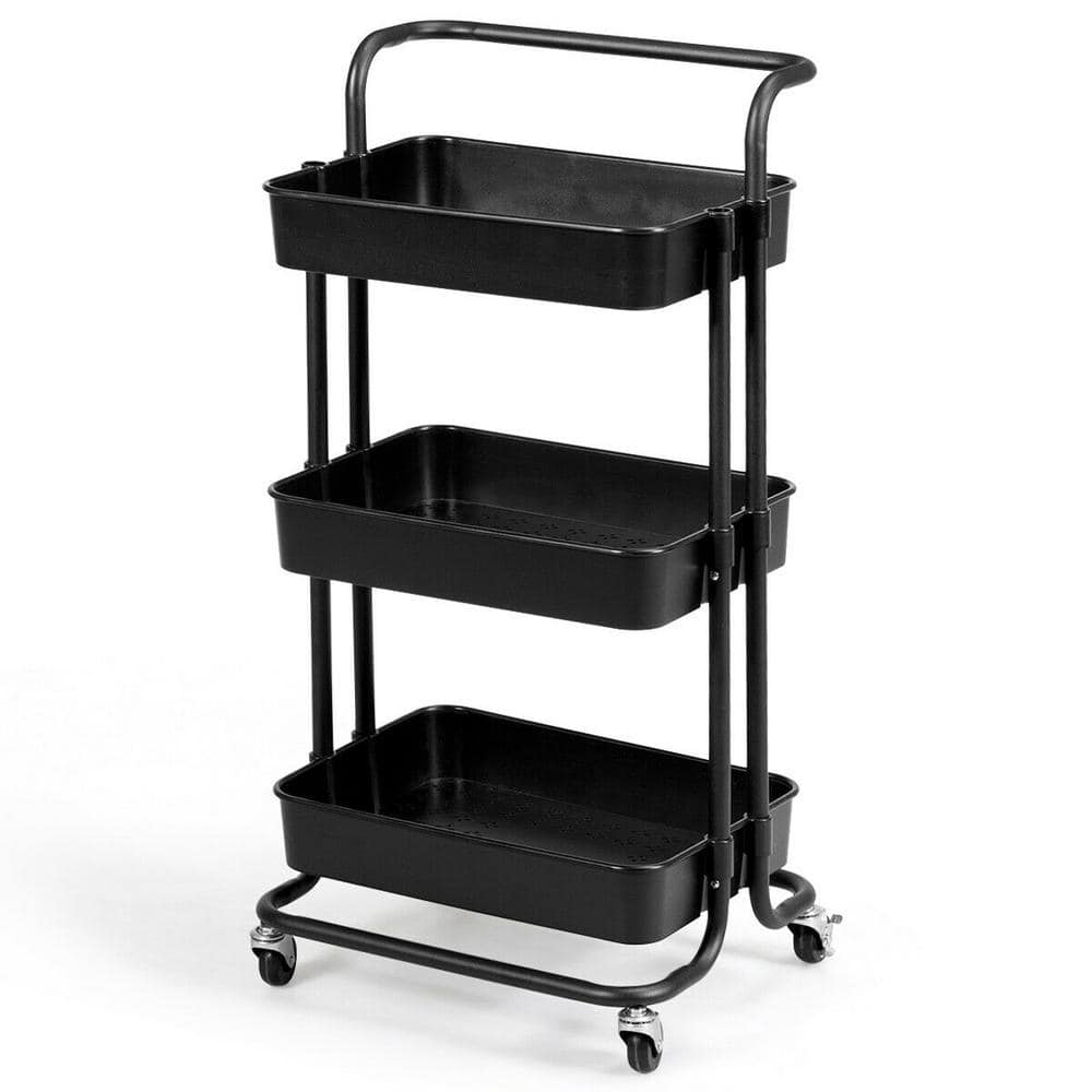 3-Tier Black Rolling Plastic Kitchen Cart on Wheels with Casters - Hercitys