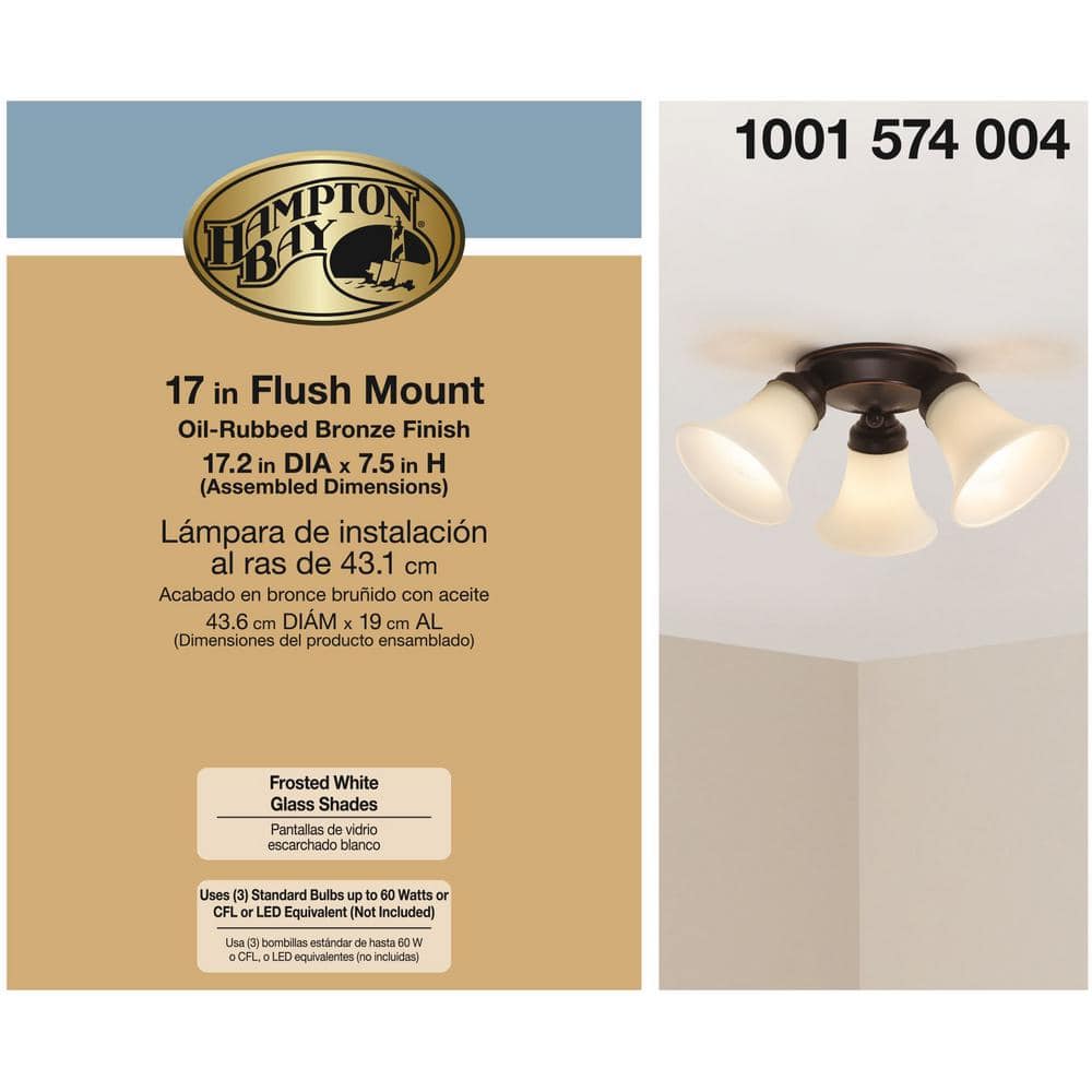 17.5 in. 3-Light Oil-Rubbed Bronze Flush Mount with Bell Shaped Frosted Glass Shades - Hercitys