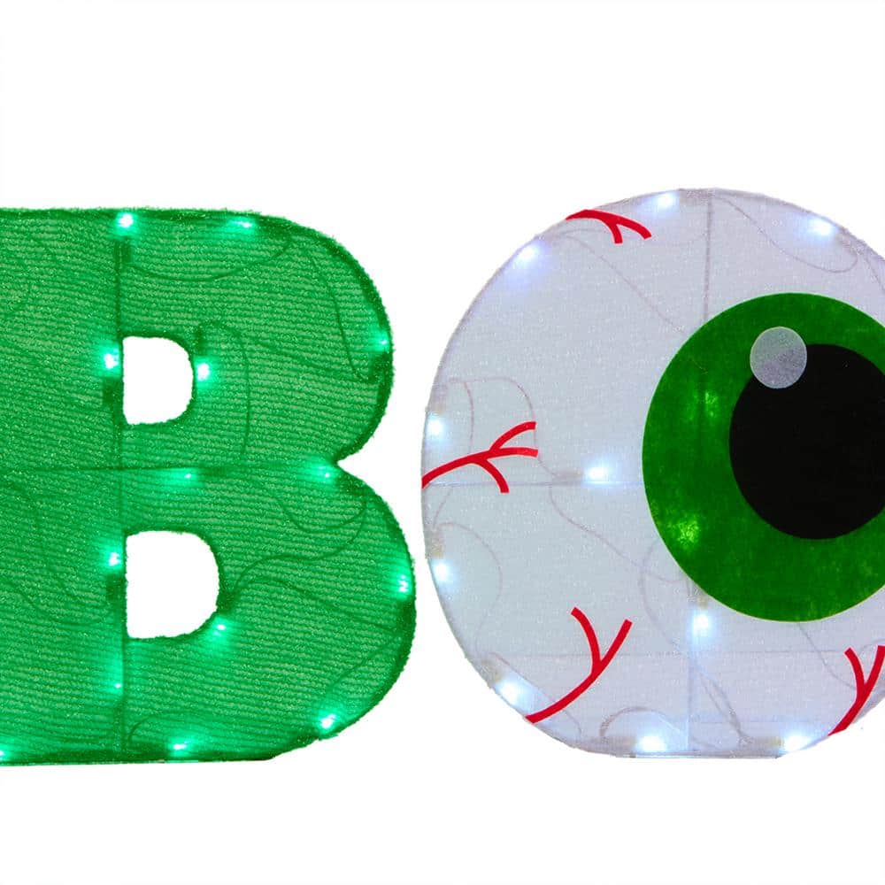 14 in. 2D Tinsel Fabric BOO Sign Pre-Lit with 50 Green and Cool White Plug-In LED Lights - Hercitys