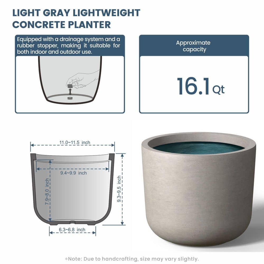 13.5 in. Medium Light Gray(Premium Inner) Concrete Round Planter/Pot with Drainage Holes - Hercitys