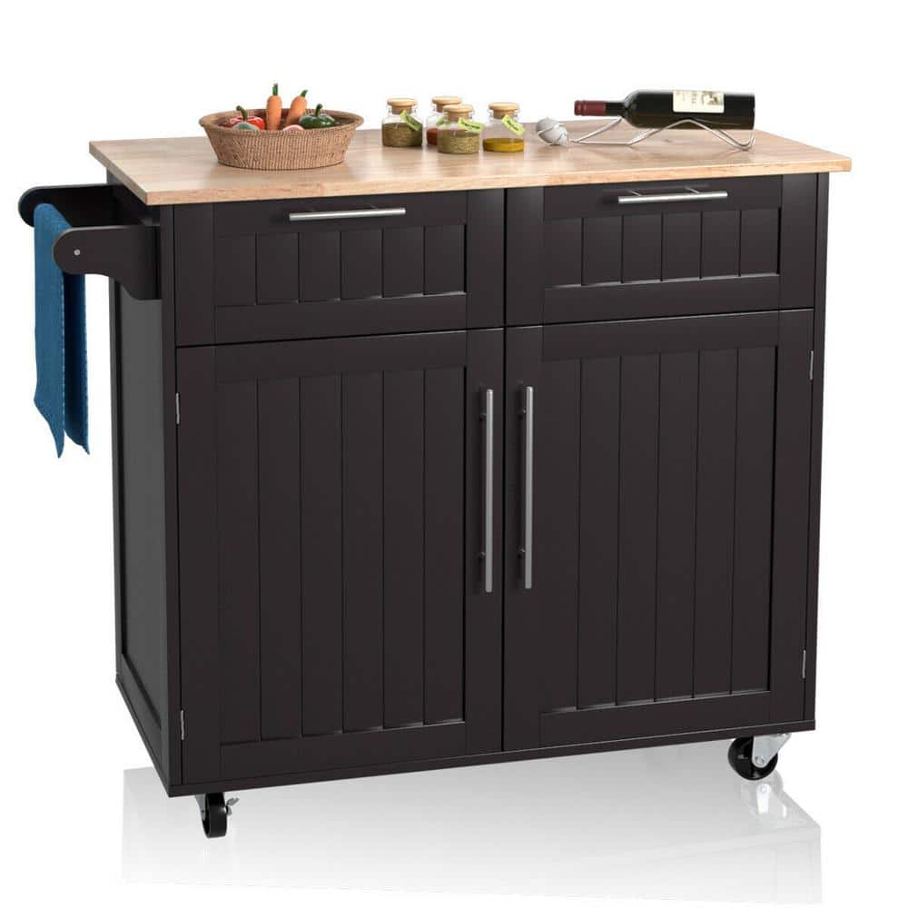 37 in. Espresso Rolling Kitchen Island Cart with Natural Wood Top and Towel Rack - Hercitys