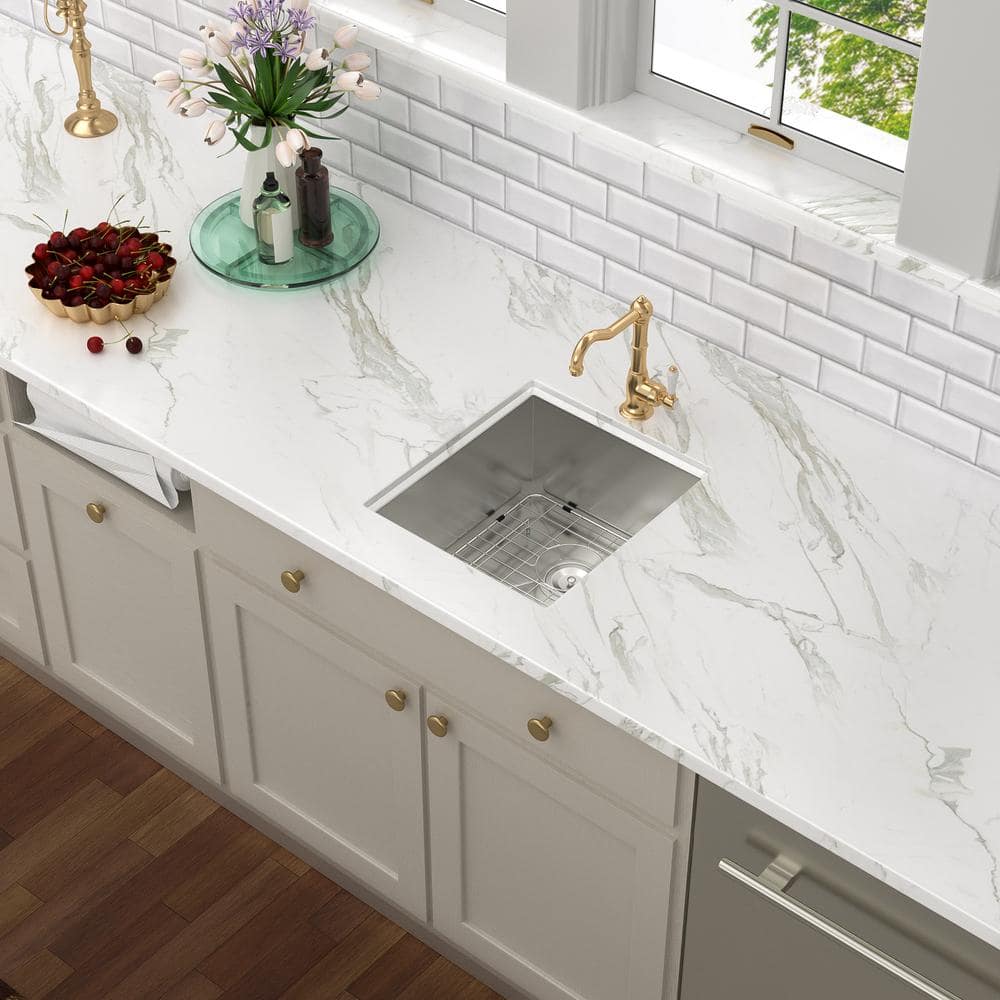 13.1 in. Undermount Single Bowl Round Corner 16-Gauge Stainless Steel Bar Sink Kitchen Sink with Bottom Grid - Hercitys