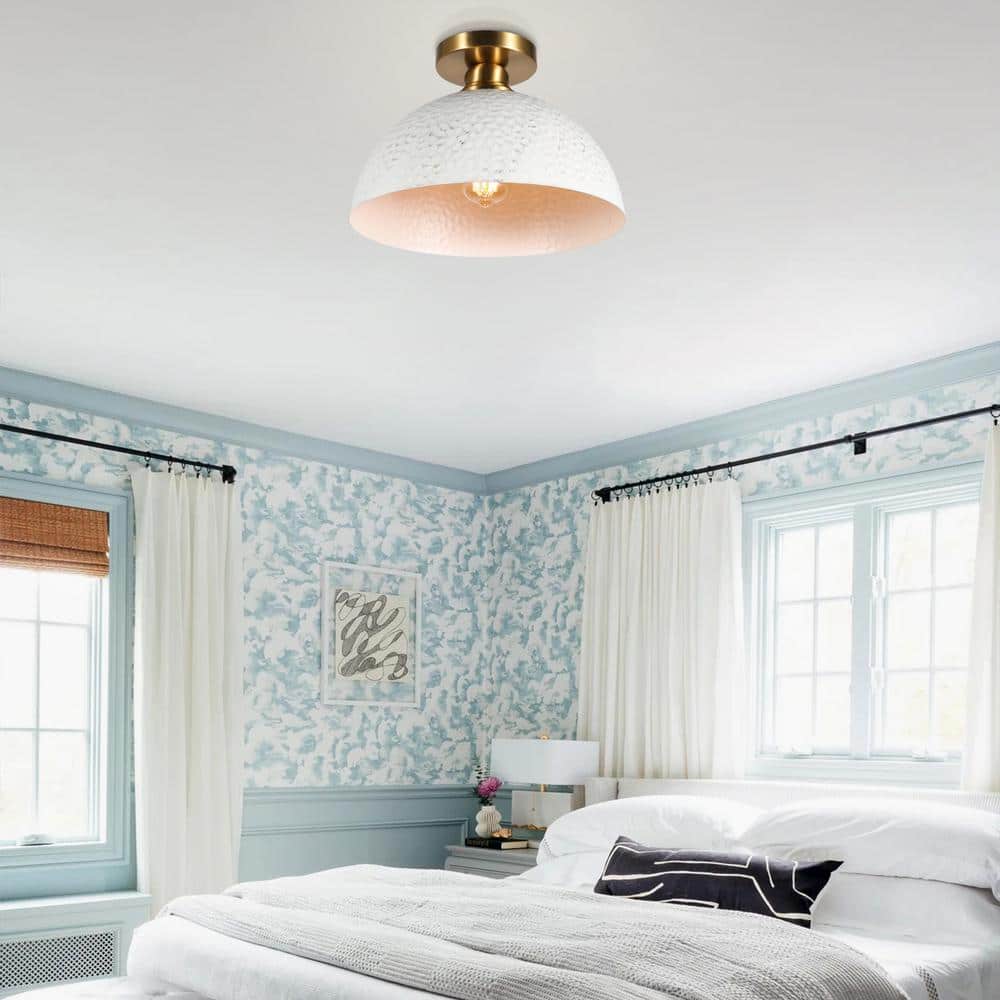 11.75 in. 1-Light Gold Farmhouse Semi-Flush Mount Ceiling Light With White Metal Shade - Hercitys