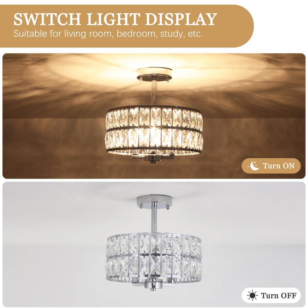 12.59 in. 3-Light Chrome Round Drum Semi-Flush Mount Ceiling Light with Clear Crystal and No Bulbs Included - Hercitys