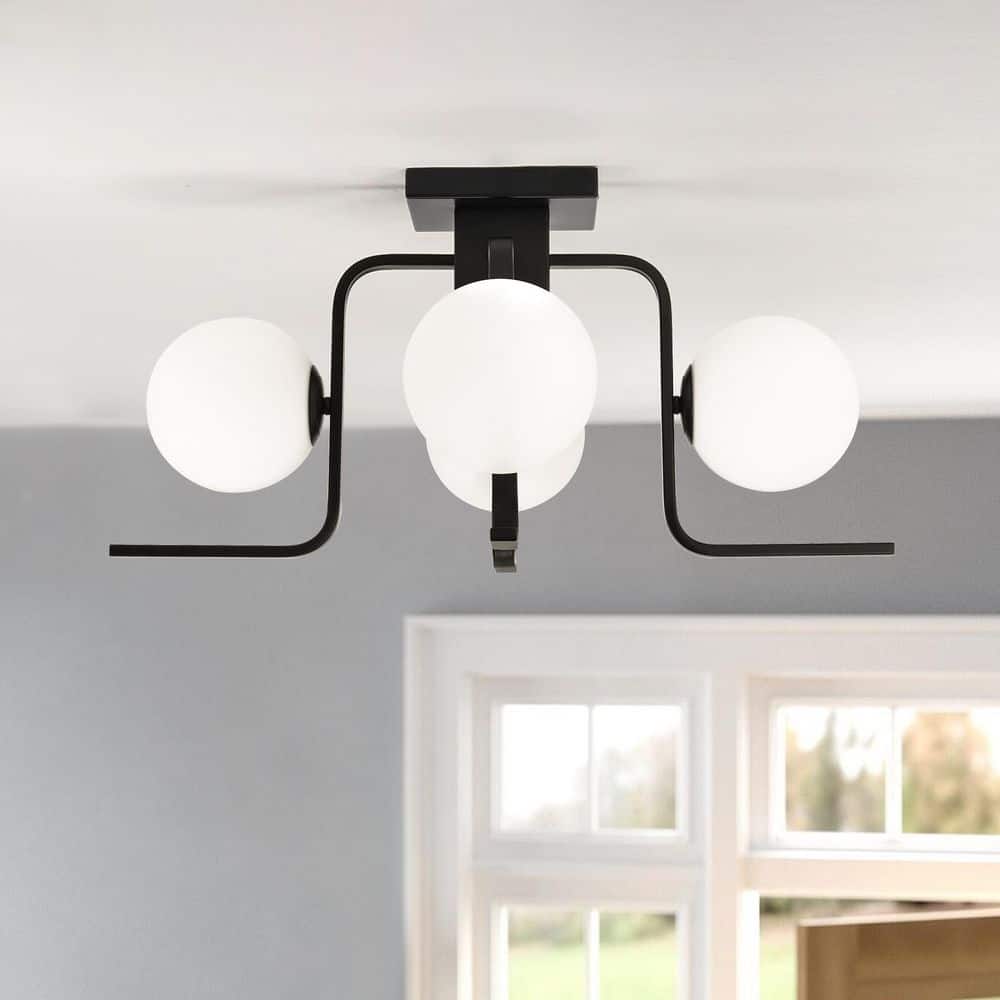 25.6 in. 4-Light Matte Black Industrial Semi-Flush Mount Ceiling Light with White Globe Glass - Hercitys