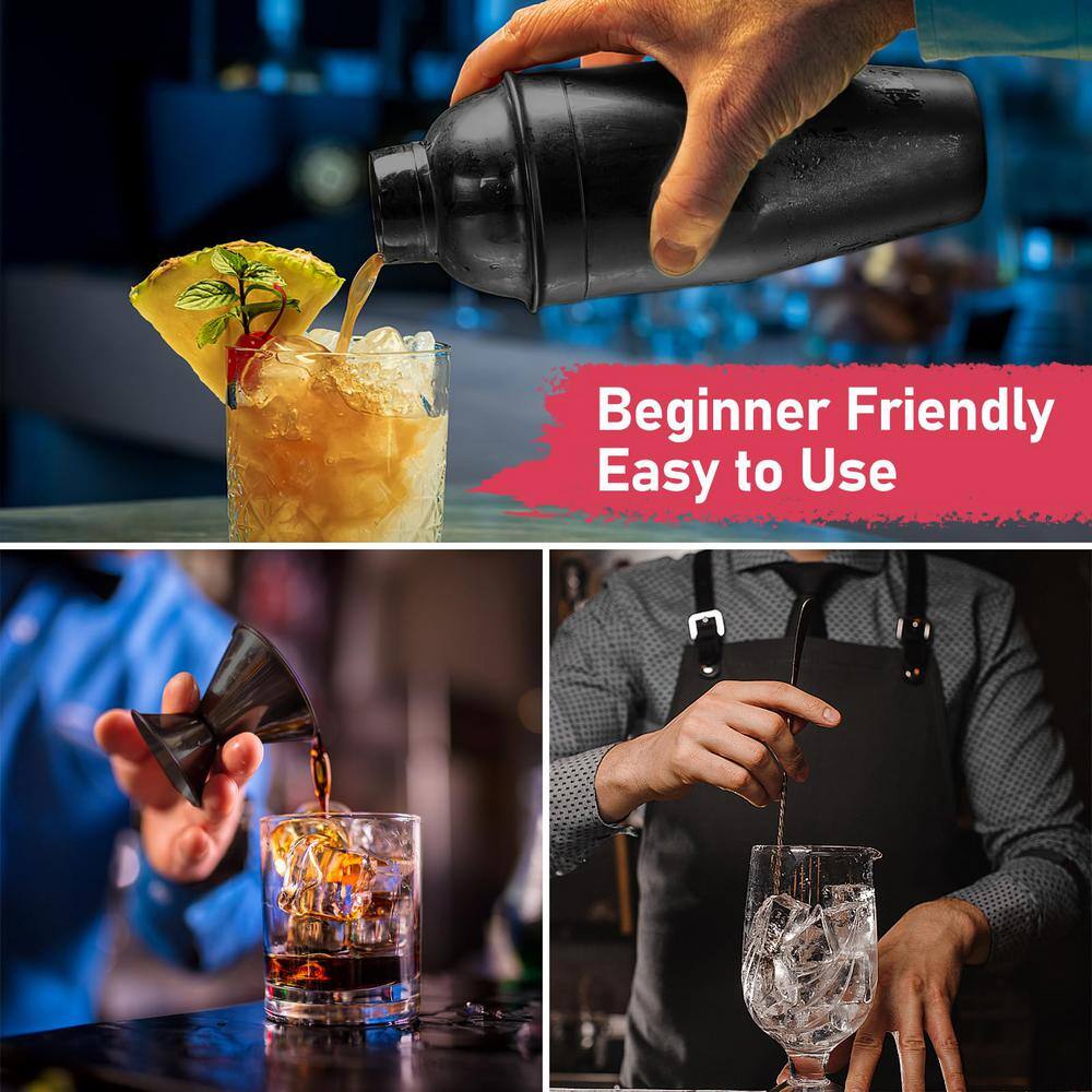 3 in 1 25 oz. Black Stainless Steel 1-Piece Cocktail Shaker with Measuring Jigger and Mixing Spoon - Hercitys
