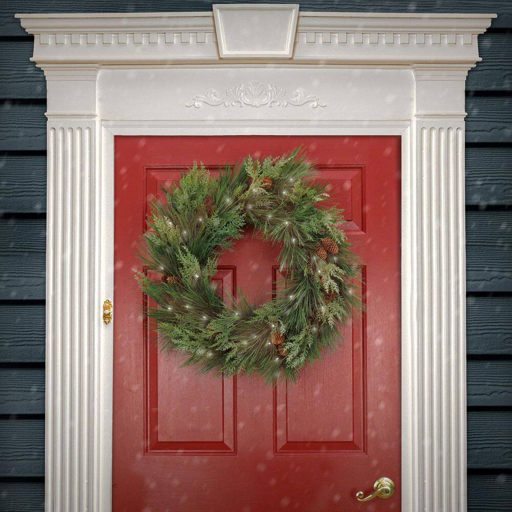28 in. HGTV Home Collection Pre-Lit Black Tie Cedar Artificial Christmas Wreath - Hercitys