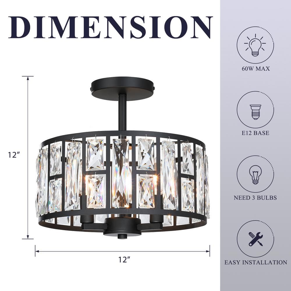 12 in. 3-Light Round Modern Black Drum Semi Flush Mount Ceiling Light with Clear Crystal Glass - Hercitys