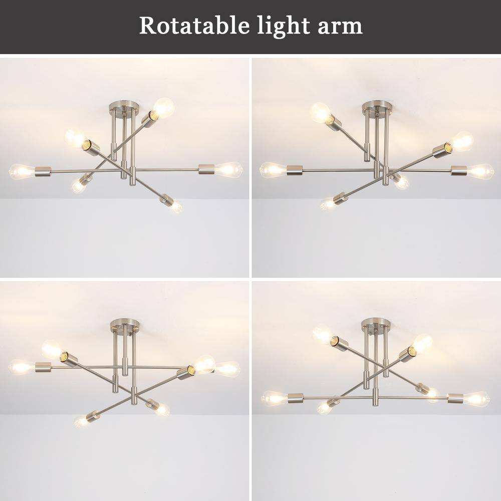 27.56 in. 6-Light Nickel Sputnik Semi- Flush Mount Ceiling Lights with 360°Rotatable Light Arm - Hercitys