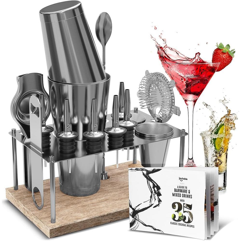 17-Piece Stainless Steel Bartender Kit-Bar Cocktail Shaker Set, 30 oz. Book, Muddler, Jigger and Pourers with Wood Stand - Hercitys