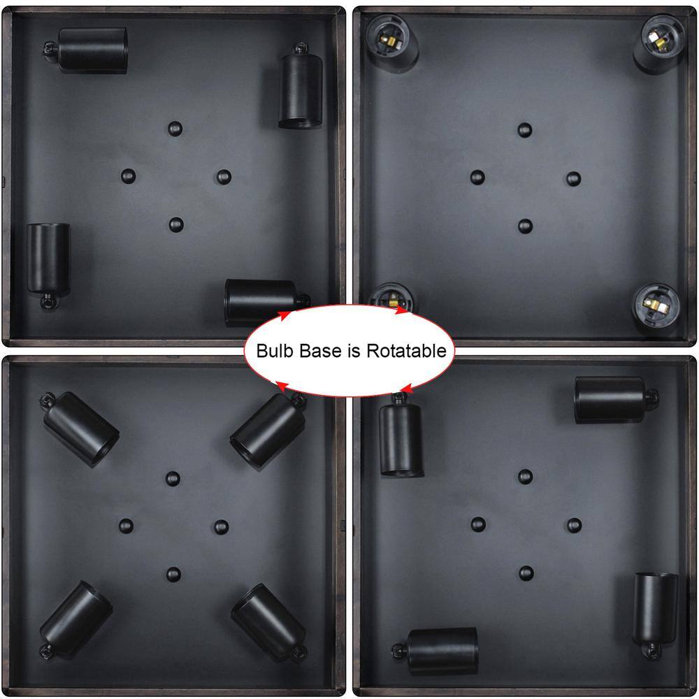 14.9 in. 4-Lights Rustic Wood Square with Strengthen Corner Flush Mount Ceiling - Hercitys