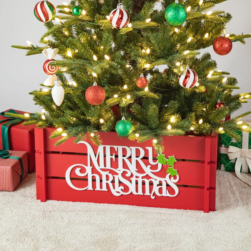 27 in. L Red “MERRY CHRISTMAS” Wooden Crate Tree Collar - Hercitys