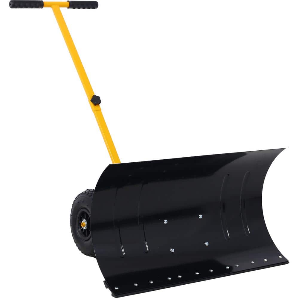 39 in. Rubber Handle Steel Snow Shovel with Wheels, Snow Pusher and Cushioned Adjustable Angle Handle, Yellow - Hercitys