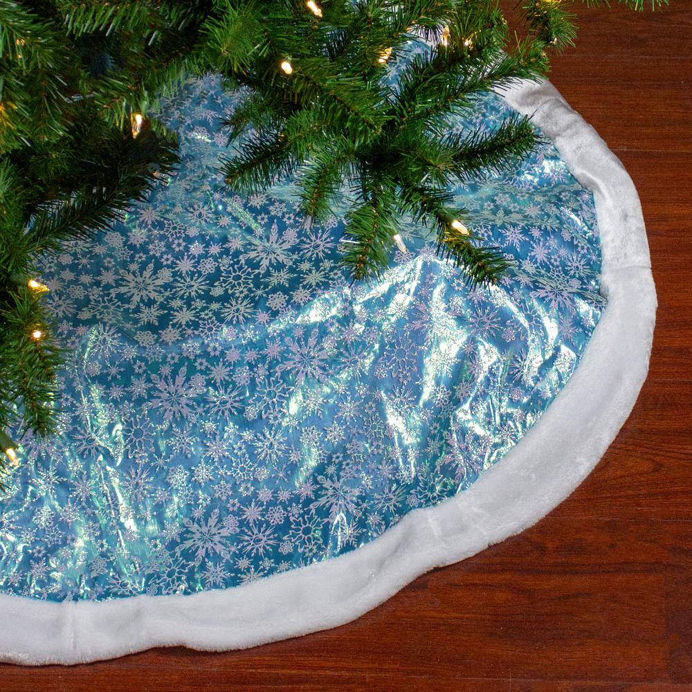 48 in. Light Blue Iridescent Mesh Glittered Snowflakes Christmas Tree Skirt - Hercitys