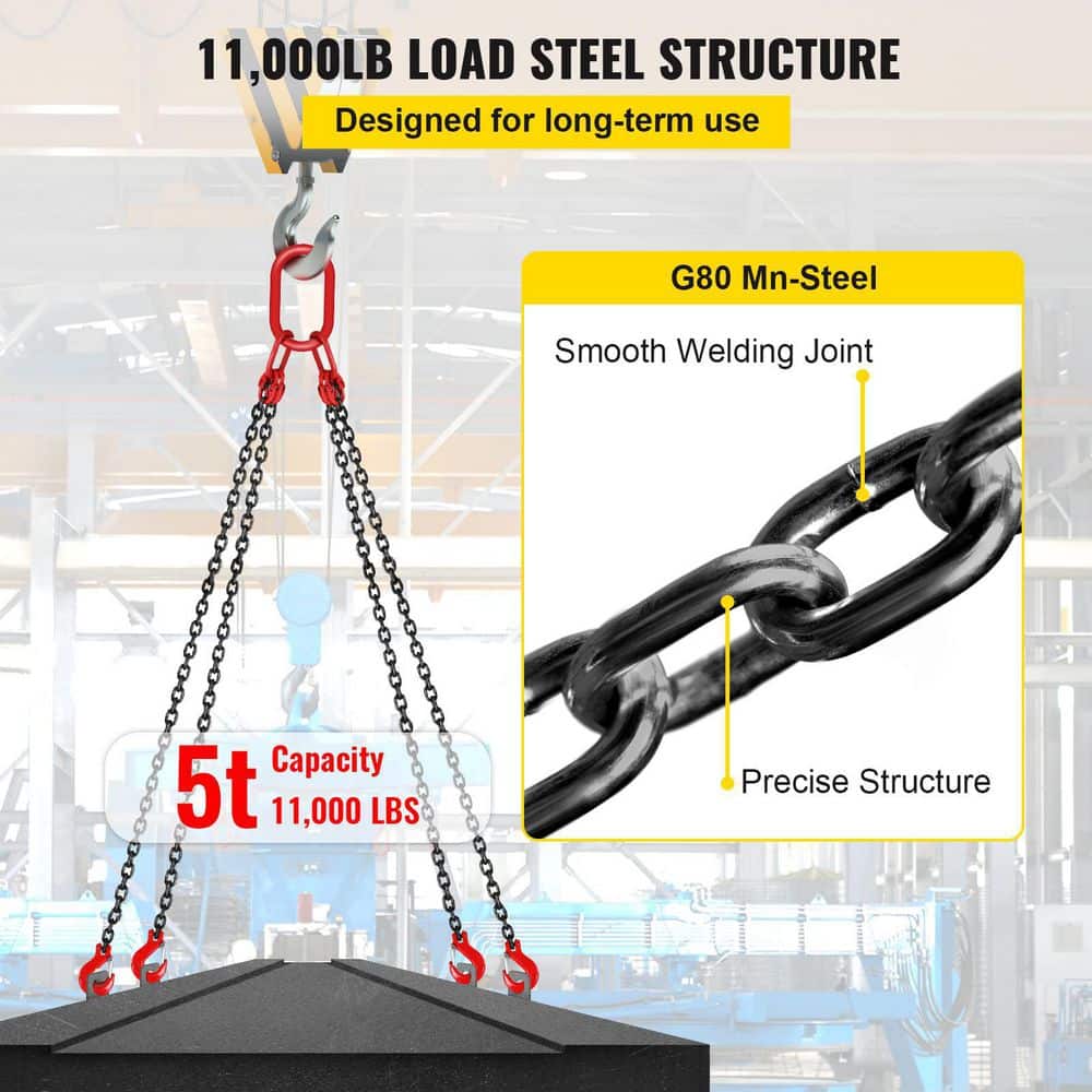 5 ft. Hoist Chain Sling 5/16 in. Engine Lift Chain G80 Alloy Steel 3-Ton with 4 Leg Grab Hooks and Adjuster - Hercitys