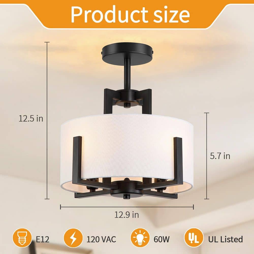 12.9 in. 4-Light Fabric Drum Shade Semi Flush Mount Ceiling Light Fixture - Hercitys