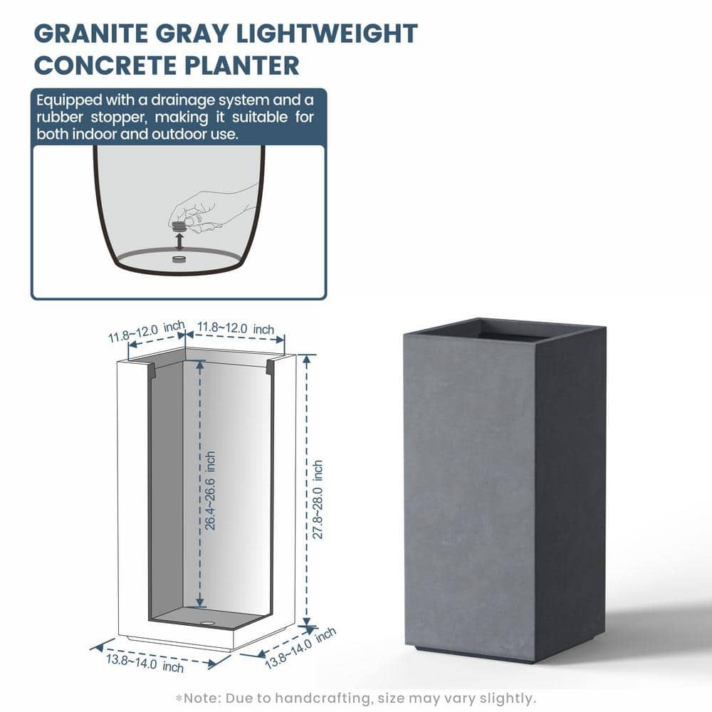 14 in. Large Granite Gray Concrete Rectangular Planter / Pot with Drainage Holes - Hercitys