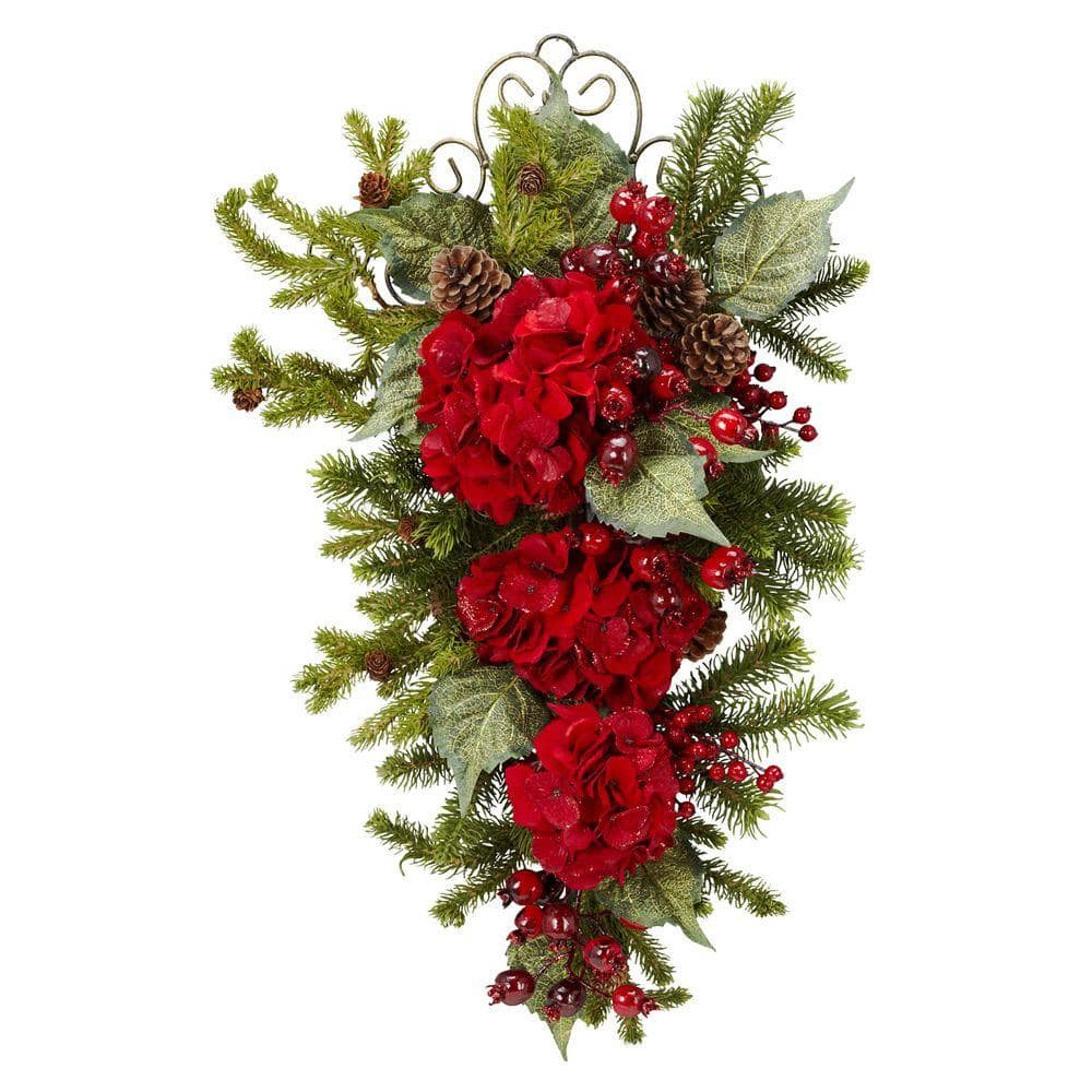 27in. H Red Christmas Hydrangea Teardrop - Hercitys
