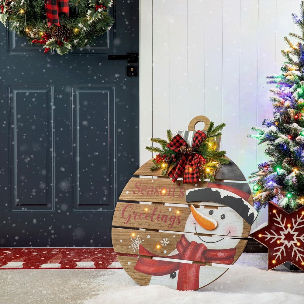 30 in. H Round Wooden Snowman Porch Decor Lighted - Hercitys