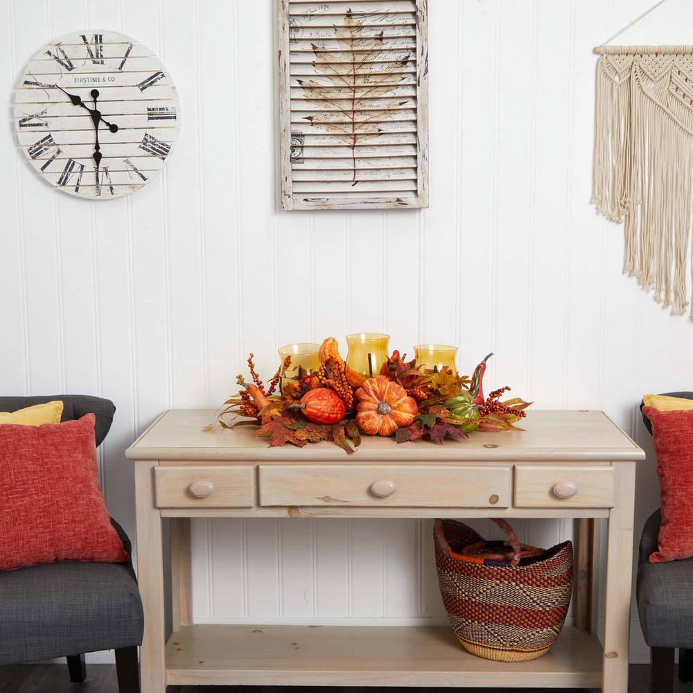 30 in. Harvest Triple Candelabrum and Artificial Foliage Table Arrangement - Hercitys