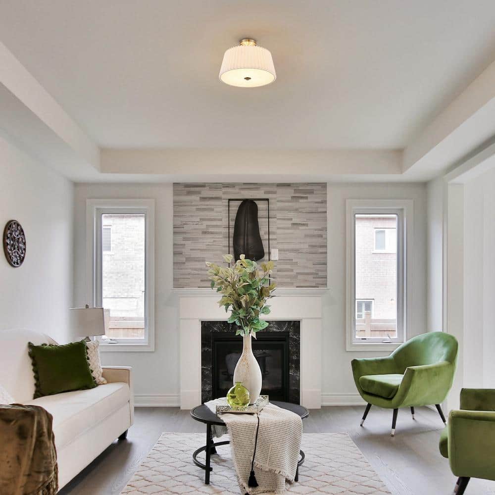 16 in. 3-Light Gold Modern Semi Flush Mount with Pleated Drum Lamp Shade - Hercitys