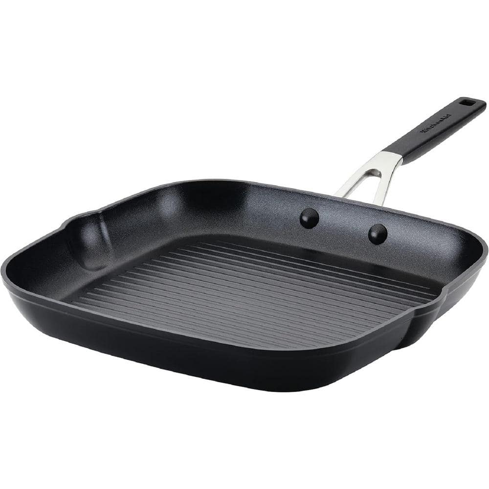 11.25 in. Hard Anodized Aluminum Nonstick Square Grill Pan in Onyx Black with Quick Heat Distribution and Pour Spouts - Hercitys
