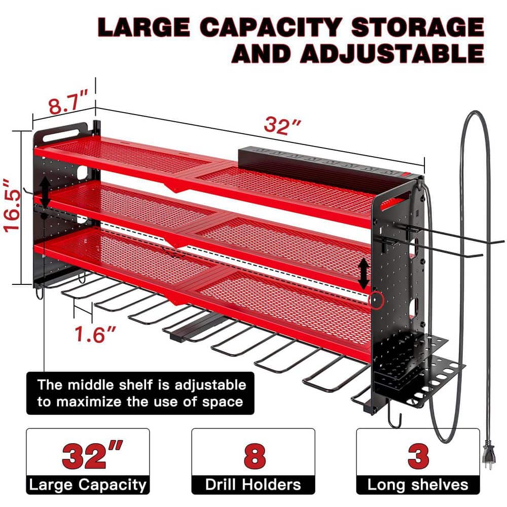 31.5 in. Red Steel 4-Tier Power Tool Organizer Wall Mount Tool Storage Rack Workbench 1-Pack. - Hercitys