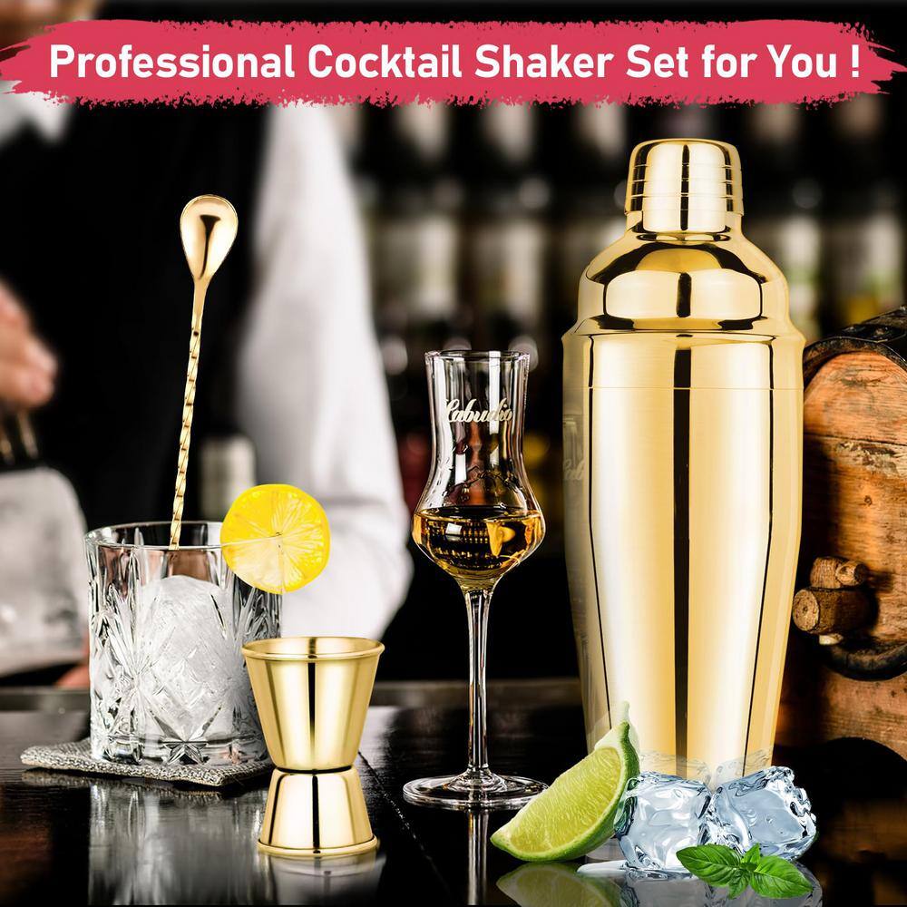 3 in 1 25 oz. Gold Stainless Steel 1-Piece Cocktail Shaker with Measuring Jigger and Mixing Spoon - Hercitys