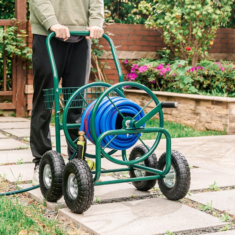 250 ft. Green Steel 4-Wheel Garden Hose Reel Cart - Hercitys