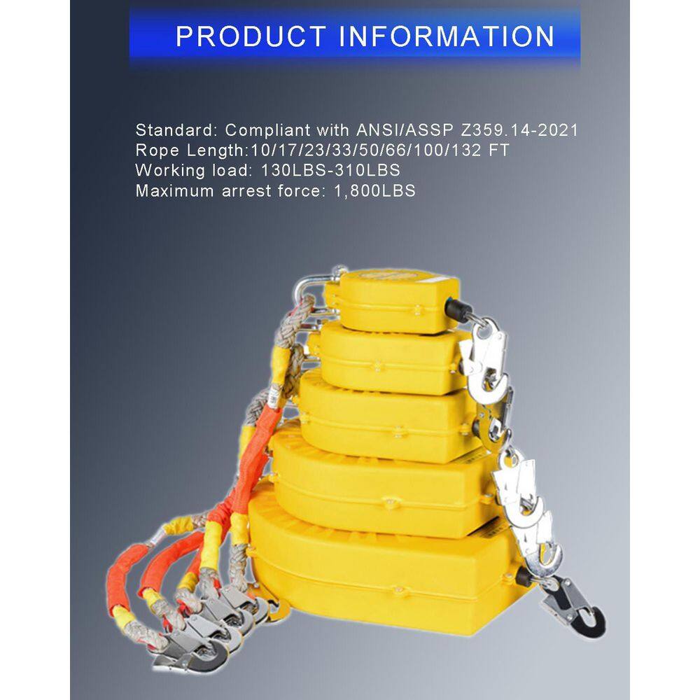 23 ft. Self Retracting Lifeline with Dual Alloy Steel Hook Heavy Duty Steel Wire Rope Quick Brake Fall Protection - Hercitys