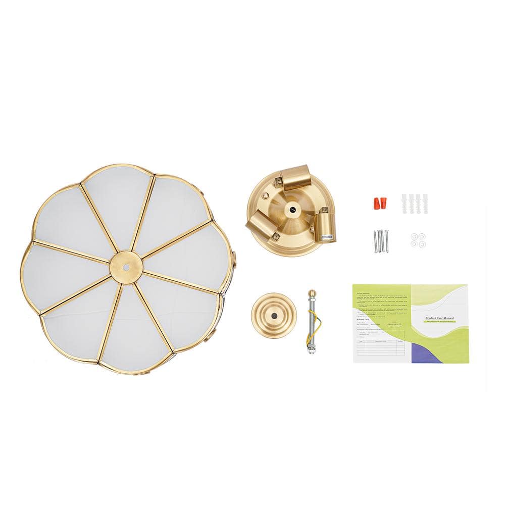 13.78 in. 3-Light Gold Modern Flower Shaped Flush Mount Ceiling Light with White Glass Shade and No Bulbs Included - Hercitys