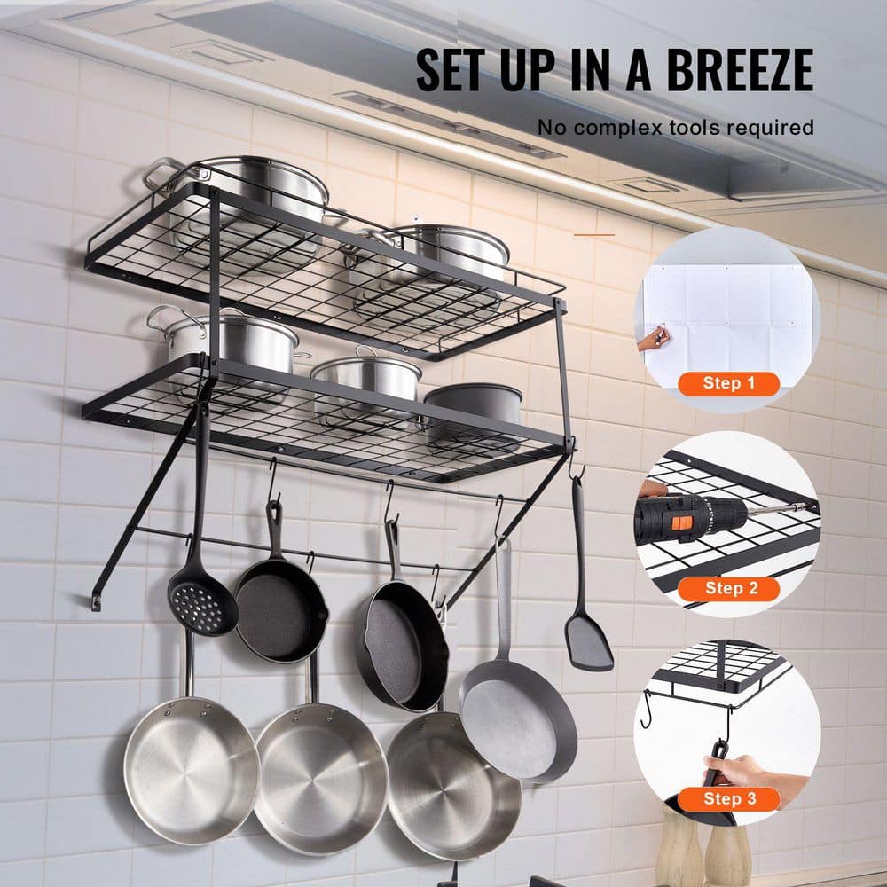 30 in. Black Wall Mounted Pot Rack with 12 S Hooks, 2-Tier Pot and Pan Hanging Rack - Hercitys