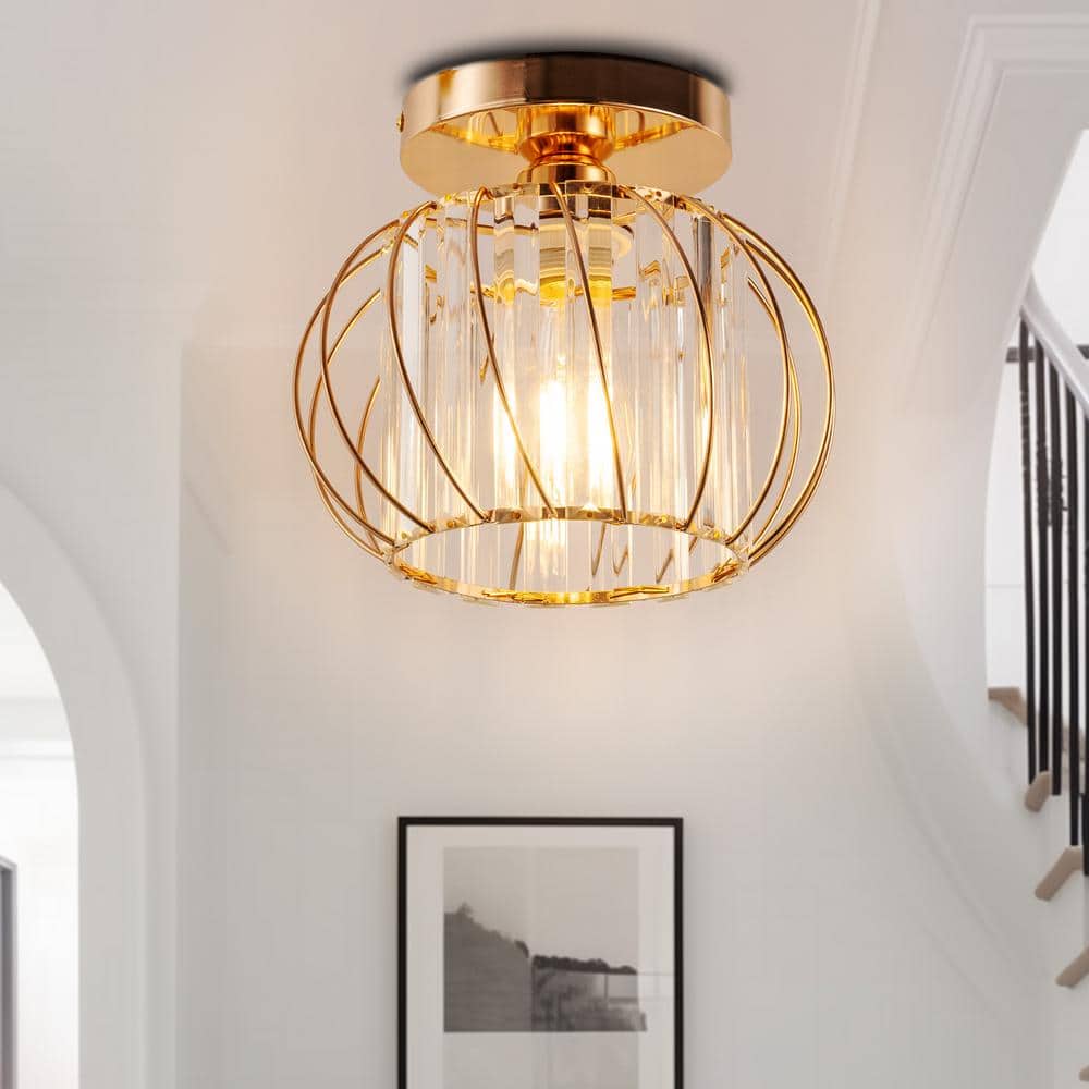 10 in. 1-Light Gold Metal Caged Semi-Flush Mount for Kitchen Bedroom with No Bulbs Included - Hercitys