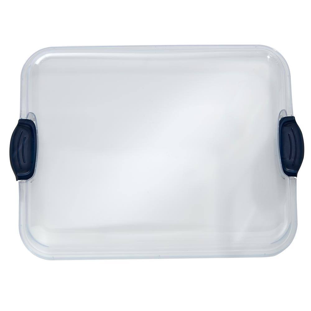 11inLx14in.Wx2.9in.H Build-A-Board Bamboo Cutting Board w/Built-in Compartments and Clear Locking Lid w/Navy Handles - Hercitys