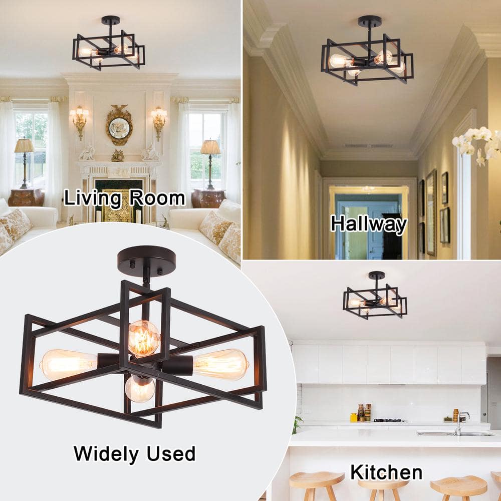 14.96 in. 4-Light Black Farmhouse Square Frame Semi-Flush Mount Ceiling Light Fixture with Metal Shade - Hercitys