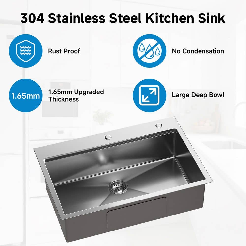 33 in. Drop-In/Undermount Single Bowl 16 Gauge Silver Stainless Steel Kitchen Sink with Cutting Board - Hercitys