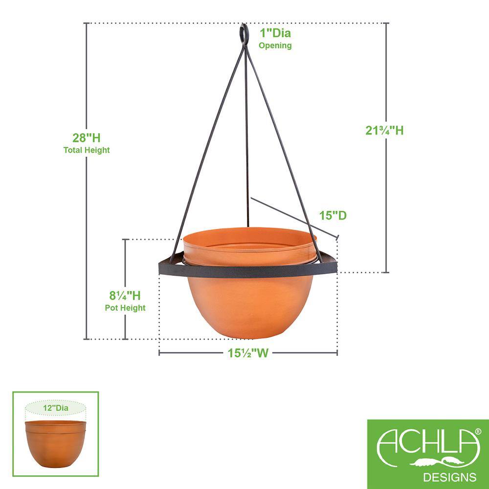 28 in H Black Wrought Iron Lina Hanging Planter w/Burnt Sienna Galvanized Steel Pot - Hercitys