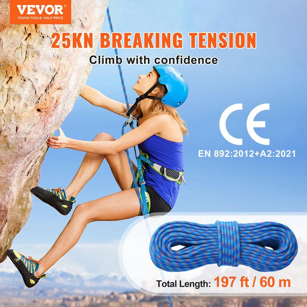 10.2 mm Dynamic Climbing Rope, 60 m, 197 ft. Outdoor Rock Climbing Rope 25 KN Breaking Tension, Stretchable Fiber Rope - Hercitys