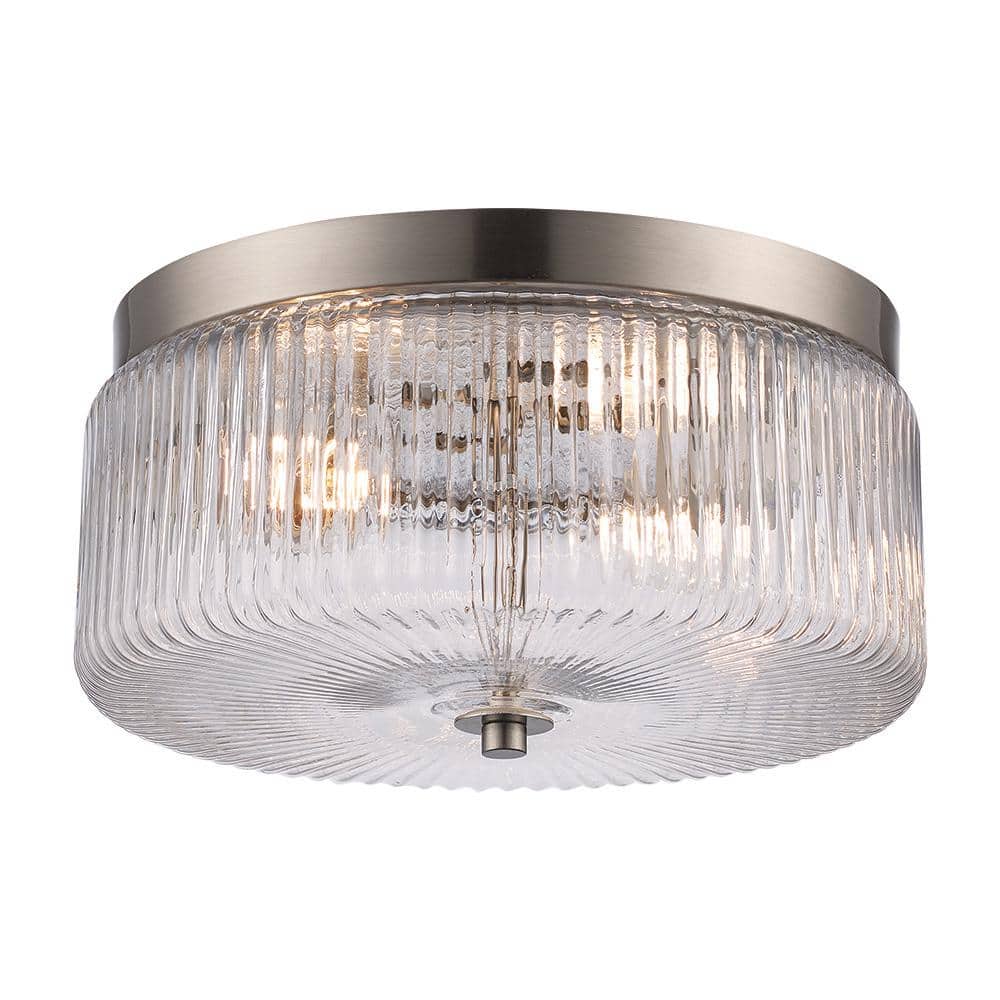 11.75 in. 2-Light Brushed Nickel Flush Mount Ceiling Light Fixture with Clear Ribbed Glass Shade - Hercitys