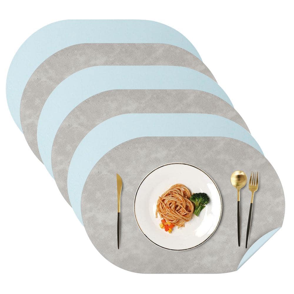 17.5 in. x 11.8 in. Leather Heat Resistant Placemats for Indoor and Outdoor, Gray and Blue, Set of 6 - Hercitys