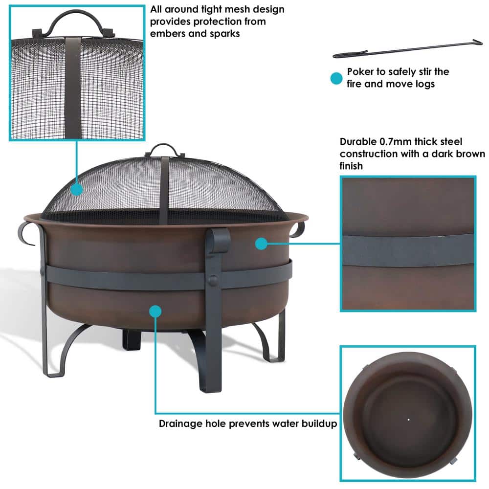 29 in. Round Steel Wood Burning Fire Pit with Cauldron Style and Spark Screen Set in Bronze - Hercitys
