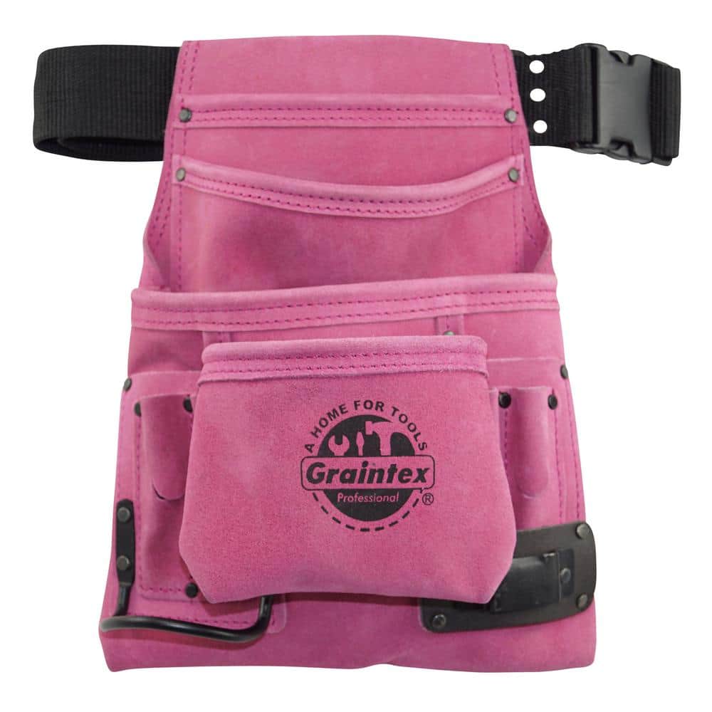 10-Pocket Suede Leather Nail and Tool Pouch with Belt in Pink - Hercitys