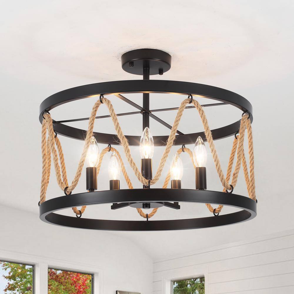 19.68 in. 5-Light Black Drum Metal Hemp Rope Semi-Flush Mount Light，No Bulbs Included - Hercitys