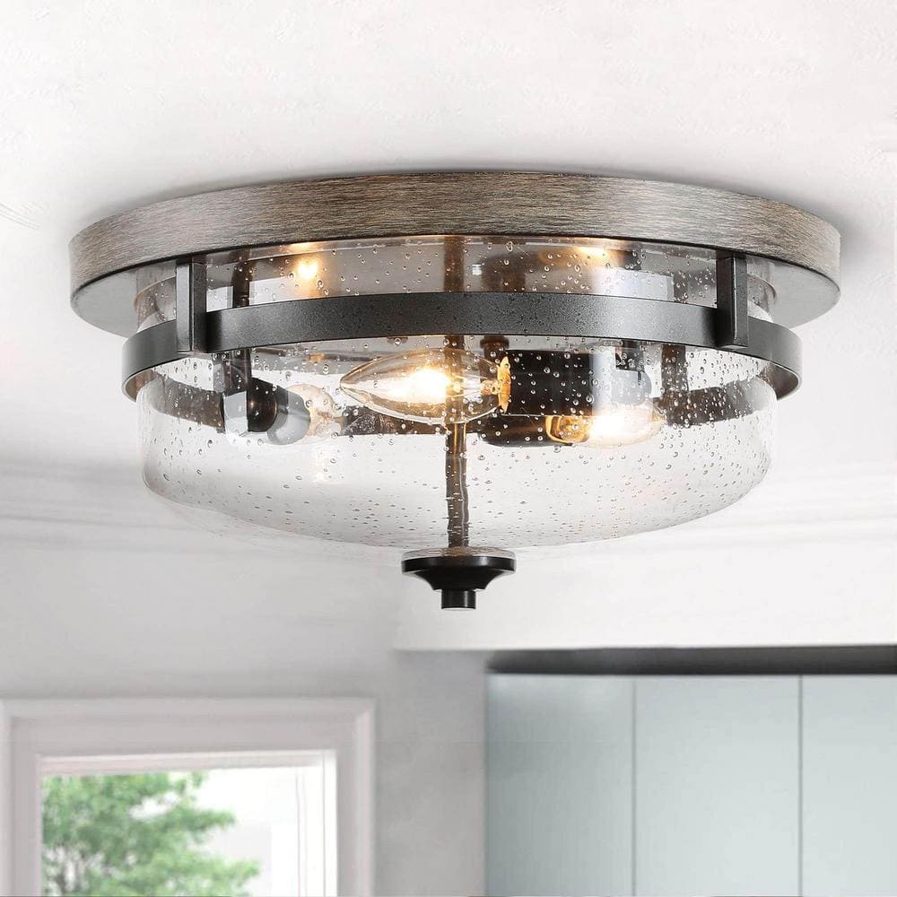 13.5 in. 3-Light Bronze Flush Mount Ceiling Light with Drum Clear Seeded Glass Shade and Round Faux Aged Wood Plate - Hercitys