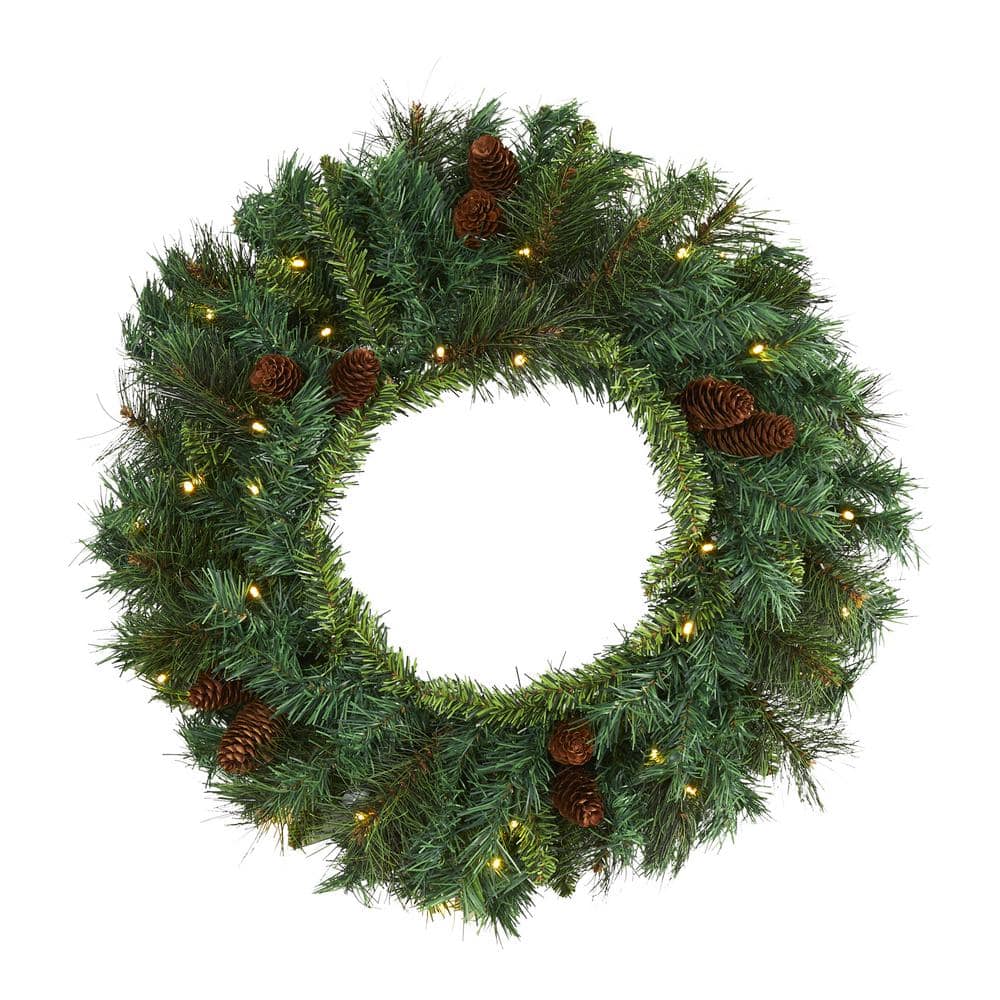 20 in. Pre-Lit Mixed Pine and Pinecone Artificial Christmas Wreath with 35 Clear LED Lights - Hercitys